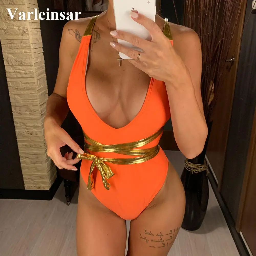 2019 Женская одежда для плавания с глубоким V образным вырезом сплошной купальный