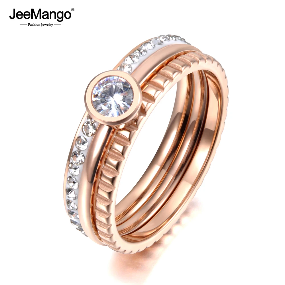 JeeMango Trendy 3 In 1 Rose Gold Cubic Zirconia Rings Jewelry Titanium Stainless Steel Wedding Engagement Ring For Women JR19065