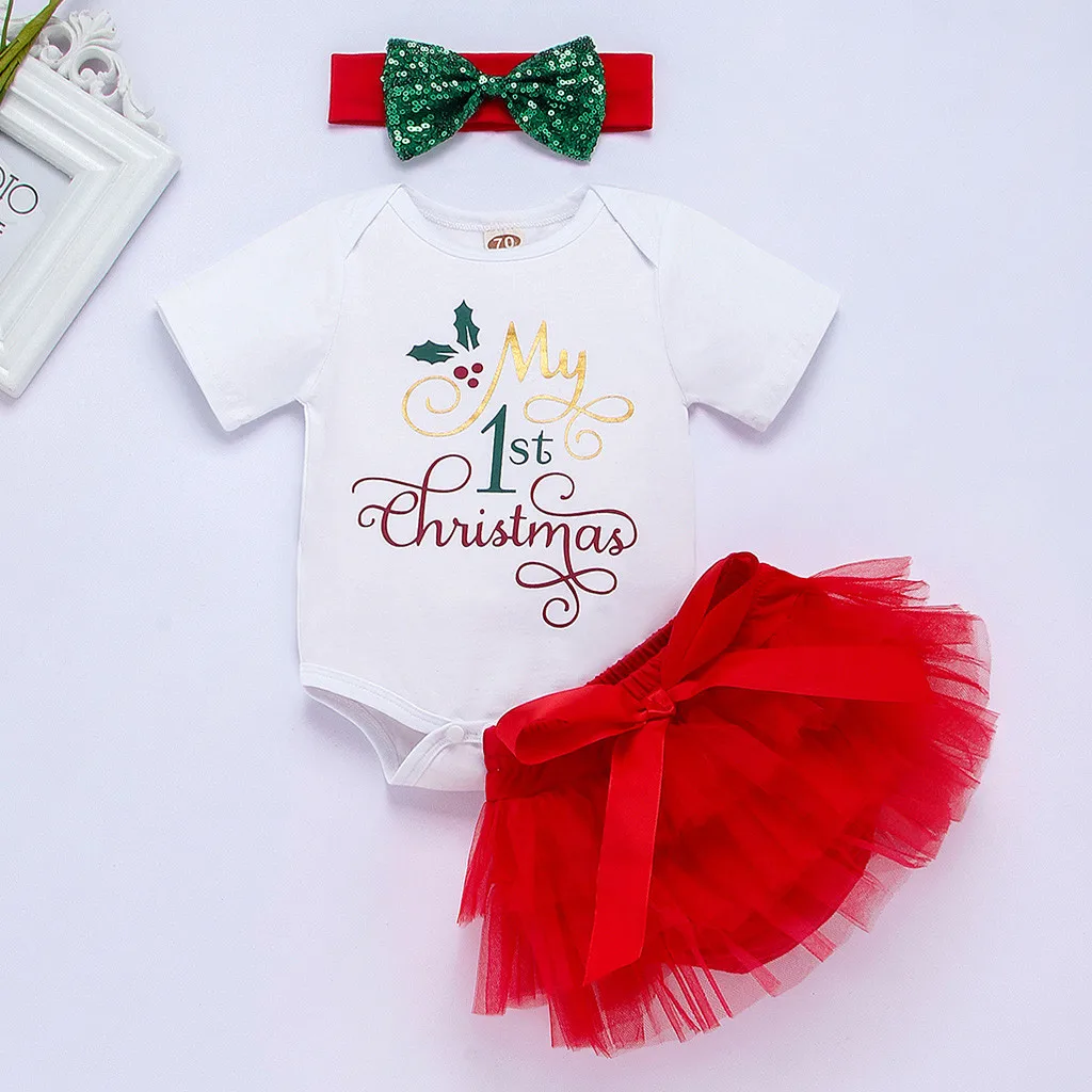 My First Christmas/комплект из 3 предметов для девочек, одежда для новорожденных девочек милый Рождественский комбинезон с надписью+ юбка-пачка для танцев+ повязка на голову, комплект одежды