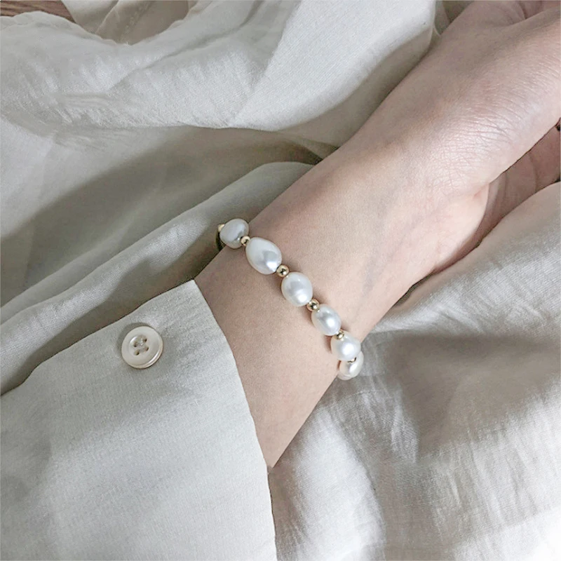 Simple Pearl Bracelet Women 925 Sterling Silver Bracelet Cute Gold Armband Irregular Natural Freshwater Pearls Beaded Bracelets