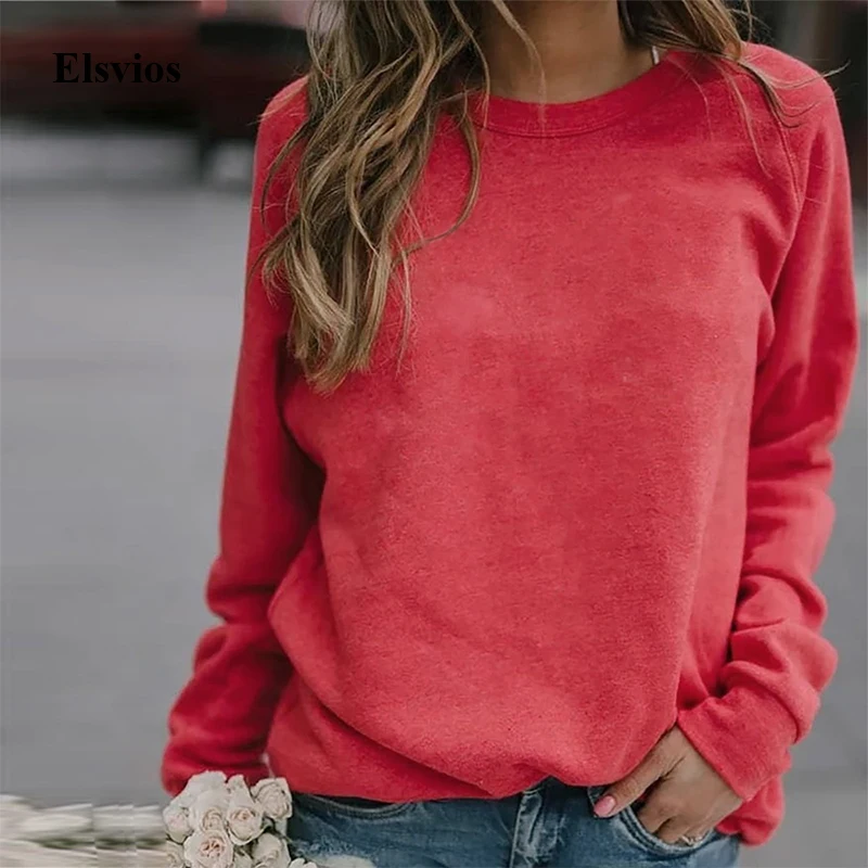  Elsvios 5XL Casual O-Neck Sweatshirt Hoodies Autumn Long Sleeve Sweatshirt Tops Solid Women Basic P