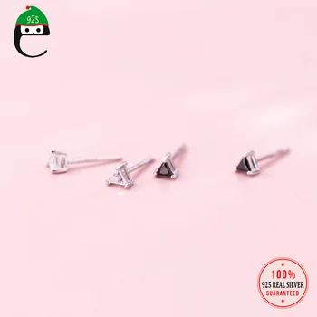 

ElfoPlataSi Triangle Black White CZ Stud Earrings For Girls Friend Kid Lady 100% 925 Solid Real Sterling Silver Jewelry ED155