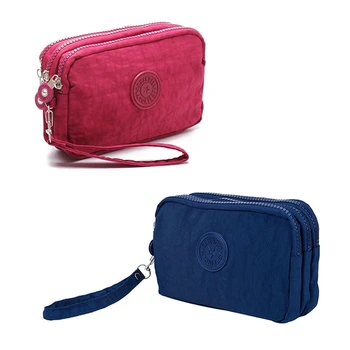 

2 pcs Small Wallet Washer Wrinkle Fabric Phone Purse Three Zippers Portable Make Up Bag-Rose Red & Dark Blue