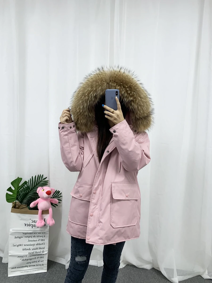pink 002 Двусторонний пуховик для женщин, зимняя теплая парка с капюшоном, Воротник из меха енота, белый утиный пух, парка, пальто, женская толстая верхняя одежда - Цвет: pink 002