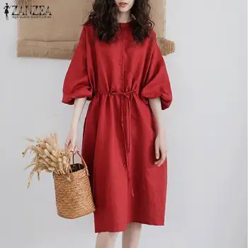 

2020 Summer Solid Long Shirt Dress ZANZEA Elegant Party Sundress Women Casual Half Puff Sleeve Cotton Vestido Female Robe Tunic