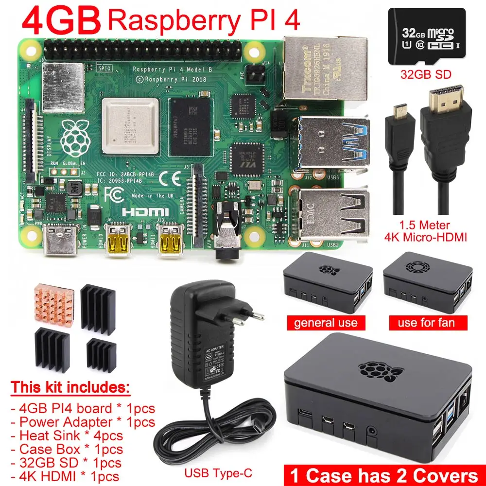 4GB kit 3 Оригинальная модель Raspberry Pi 4B PI 4B 1 ГБ/2 ГБ/4 Гб комплект: плата+ теплоотвод+ адаптер питания+ чехол+ 32 Гб SD+ HDMI кабель - Комплект: 4GB kit 3