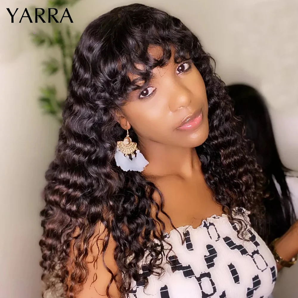 Yarra Deep Wave Human Hair Wigs with Bang Brazilian Deep Wave Glueless Machine Made Wig for Black Women Short Curly Bob Wigs 5