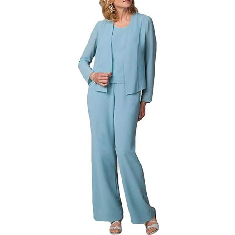 

Short Jacket Mother of the Bride Dresses Elegant Long Sleeves 2019 Pantsuit 3 Pieces Plus Size Wedding Party Guest Gown