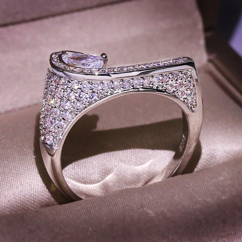 RongXing Капля воды, белый циркон геометрические кольца для женщин 925 Серебро CZ камень Женское Обручальное кольцо Роскошные ювелирные изделия подарок