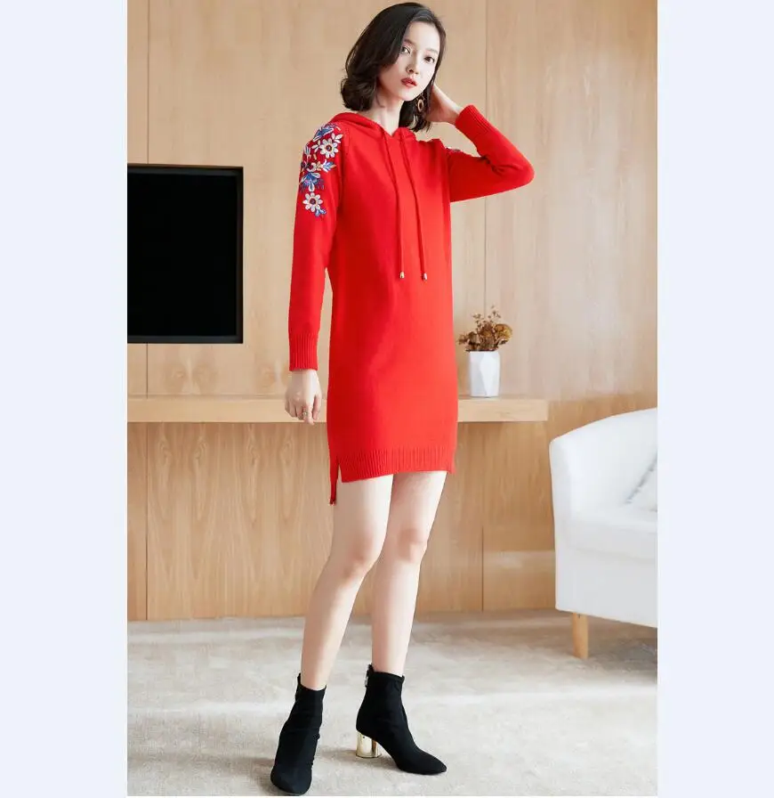 Женский вязаный свитер джемпер с капюшоном мини платье женские трикотажные изделия зимнее теплое платье с длинными рукавами и вышивкой