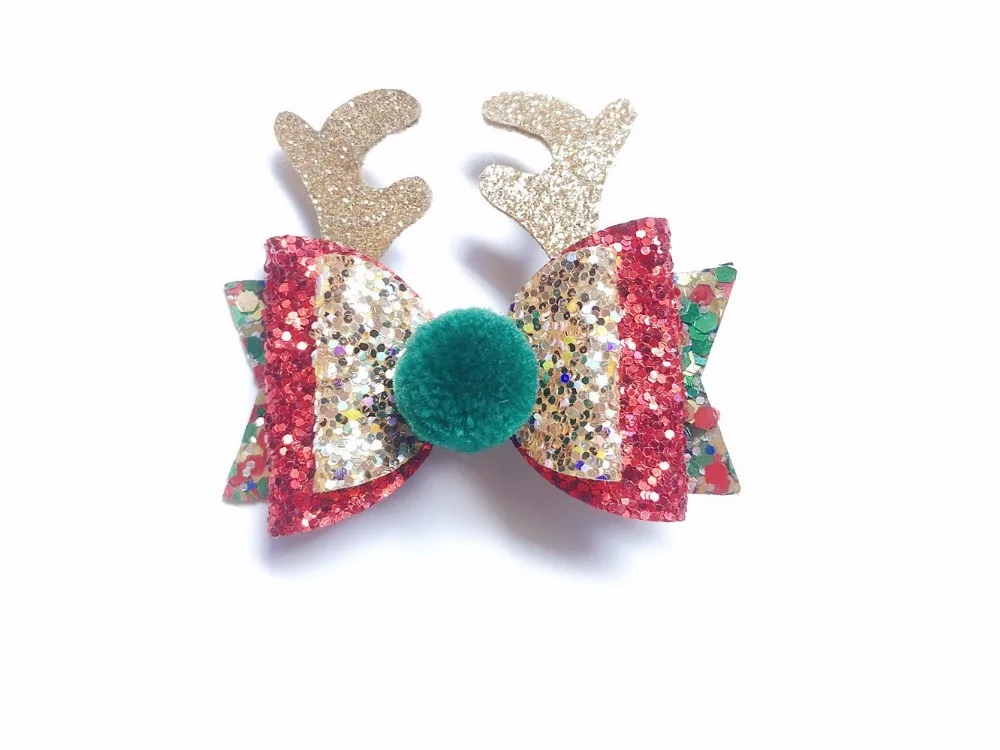 20pcs ins Fashion Glitter Reindeer Ears Bowknot Hair Clips Solid Pom Pom Bow Hairpins XMAS Headwear Boutique Hair Accessories