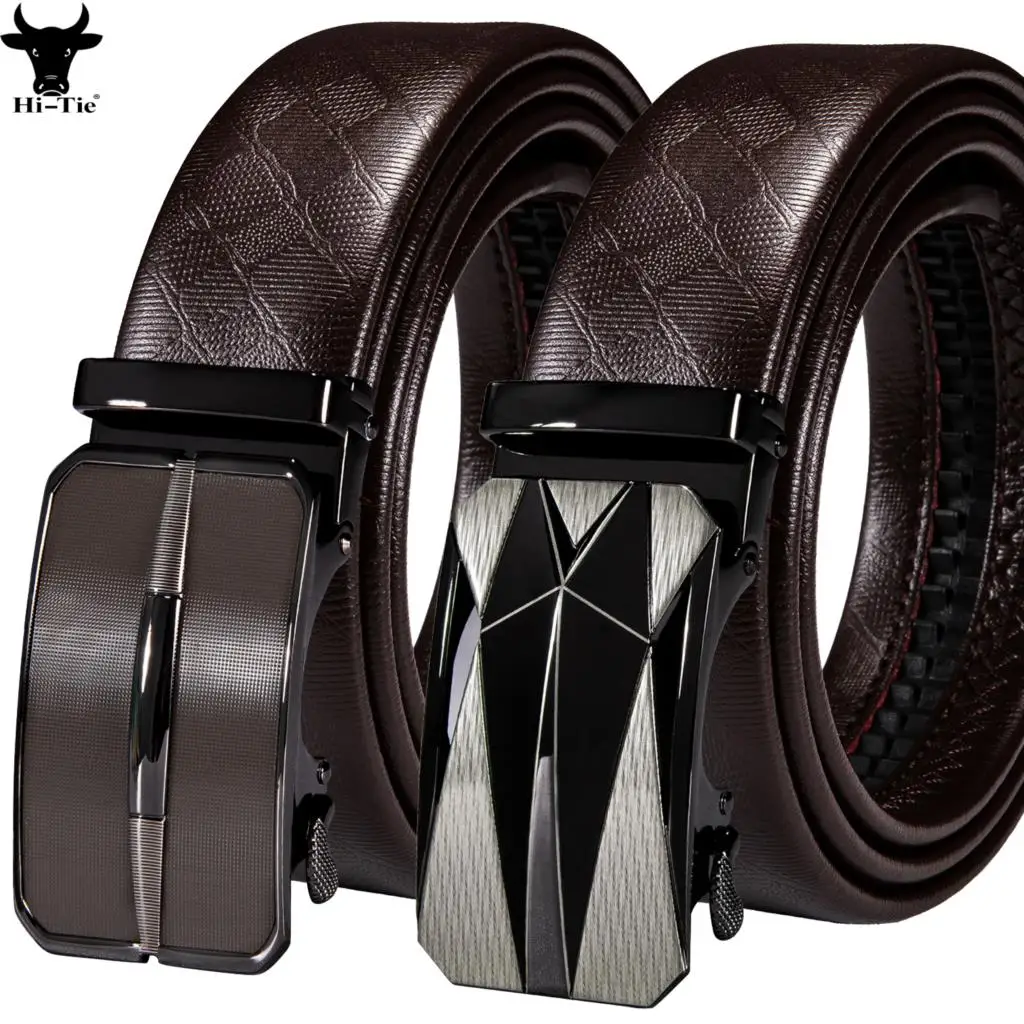 

High Quality Automatic Buckles Mens Belts Brown Leather Ratchet Waistband Dress Jeans Straps Sliding Metal Removable Button Belt