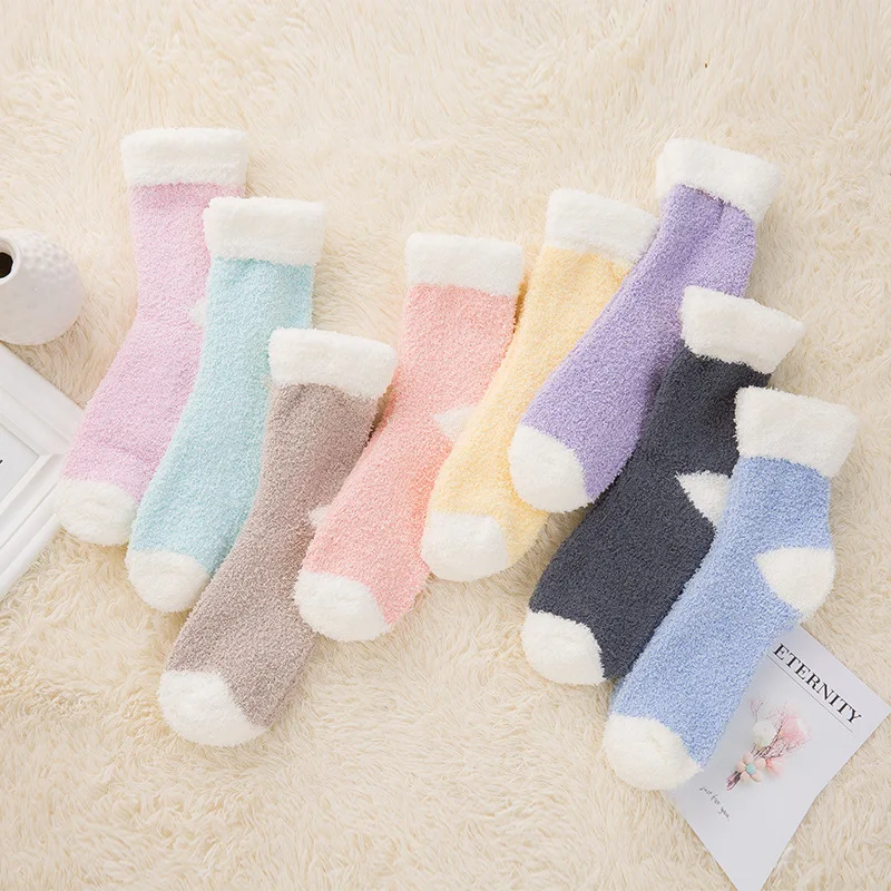 

Women Female Candy Winter Warm Home Floor Sleep Thick Solid Color Soft Fuzzy Fluffy Socks Lady Casual Cute Kawaii Short Socks