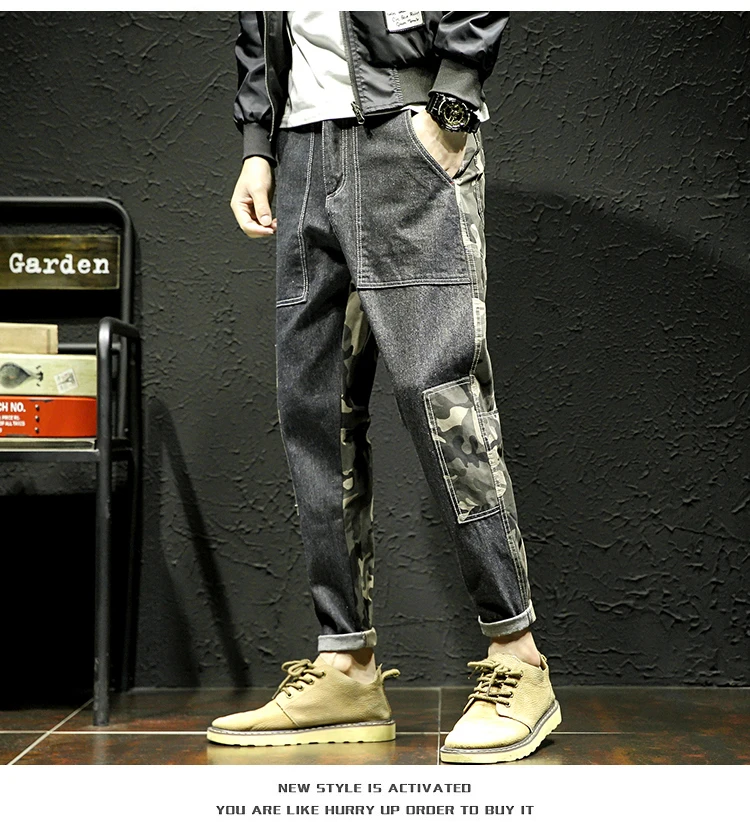 Fashion street men's casual sweatpants camouflage decorative loose overalls cotton curled feet Korean style male trousers