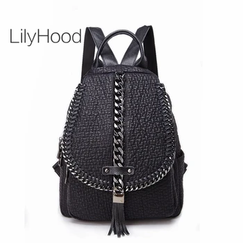 

2020 Microfiber Synthetic Leather Backpack Bag Women Tide Fashion Casual Leisure Chain Tassel Daily Knapsack Daypack Black Bag