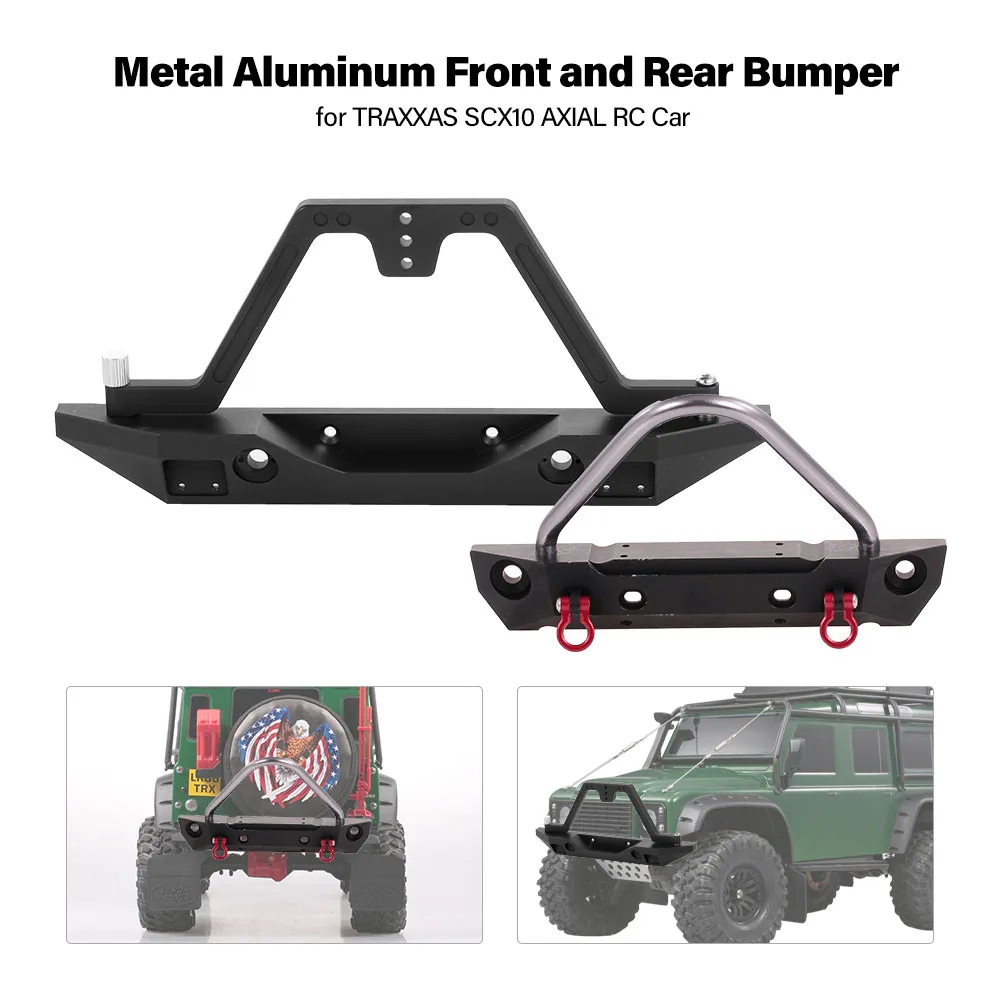 

SCX10 CNC Metal Front Rear Bumper Set with Spare Tire Carrier 4LED Lights Trailer Hook for 1/10 TRAXXAS SCX10 AXIAL RC Car