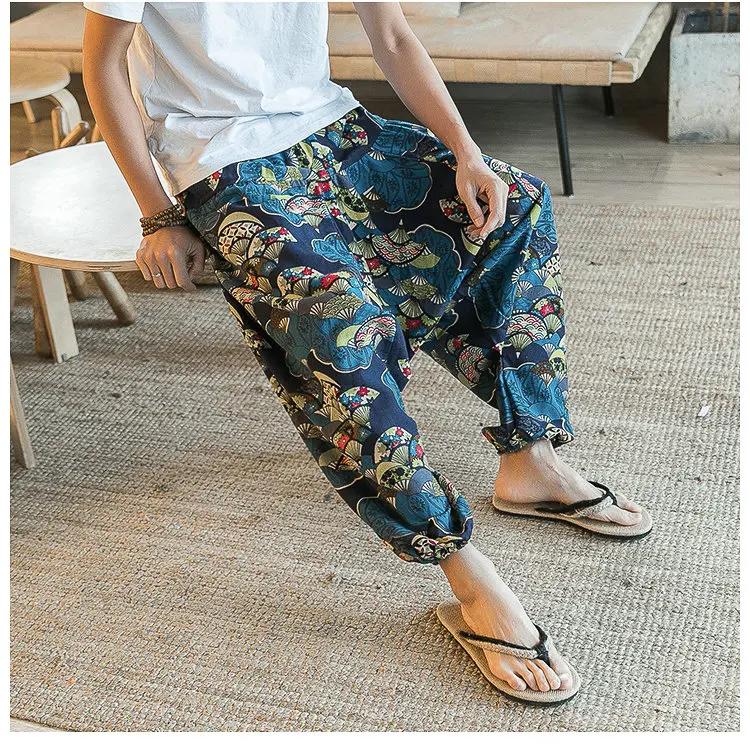 Nice Harajuku Cotton Linen Harem Cross Pants Men Jogger Pants Male Summer Floral Print Hawaii Beach Pants Trousers