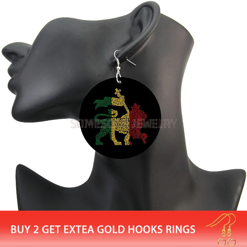 SOMESOOR Both Sides Printed Afro Lion King Wooden Drop Earrings African Symbol Ethnic Eco Desgin Dangle Pendant For Women Gifts | Украшения