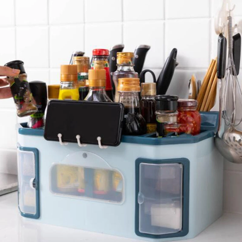 

Fashion Multifunctiona Spice Rack Kitchen Shelf Tools Box Spice Jar Storage Rack Chopsticks Cutter Storage Box Large Capacit Blu
