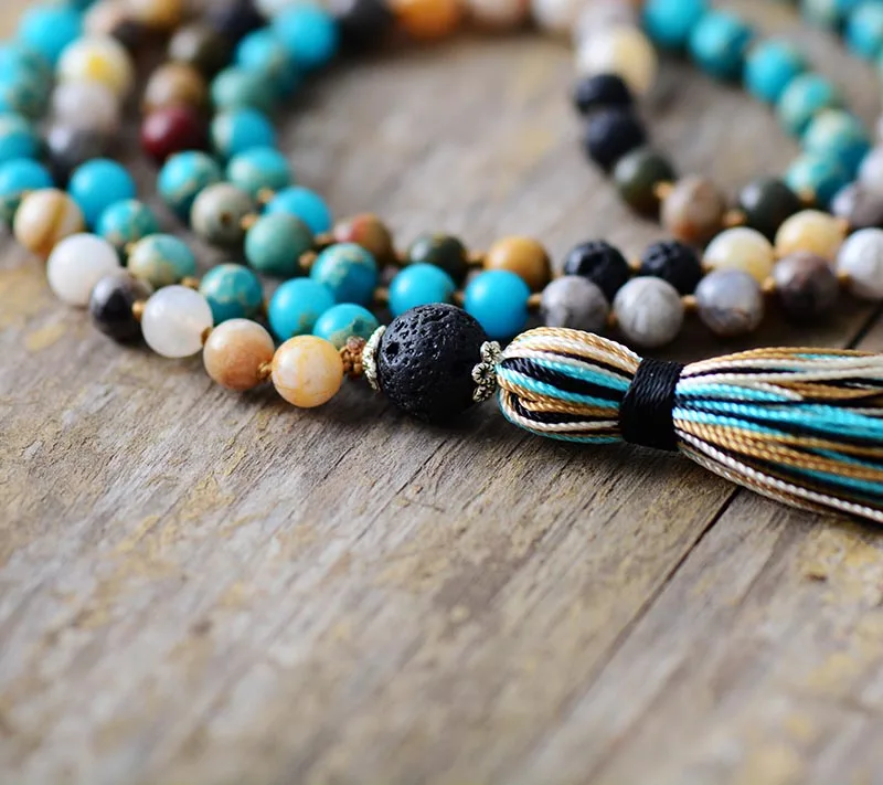 Women Beads Necklace 6MM Natural Stone Lava Rock Tassel Necklace Boho Lariat Mala Yoga