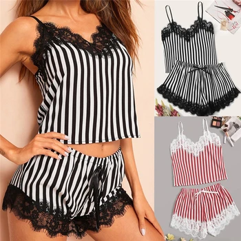 

Sexy Women Striped Satin Silk Lace Sleepwear Lace Floral V Neck Sleeveless Lingerie Tops+Nightwear Shorts Women Pajamas Sets