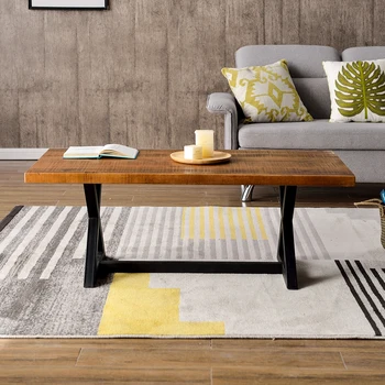 

New Nature Wood Coffee Table Easy Assembly Tea Table Rustic Industrial Cocktail Table for Living Room with X-Shaped Metal Frame