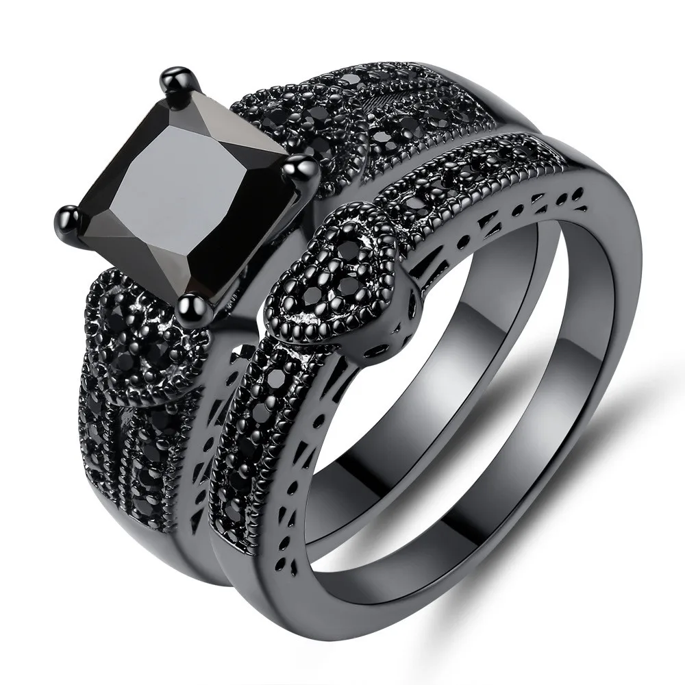 Love Black Gold Two-piece Ring Set With Black Nano Zircon Simple Fashion Personality Ring 2pcs/Set