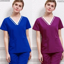 Женская медицинская форма V шеи скраб-топ и эластичная талия Скраб Брюки Короткие рукава Цвет Блокировка здоровья СПА набор хлопок