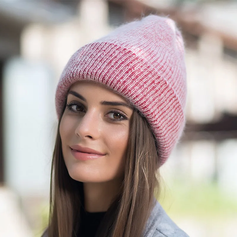 Pink Women's Beanie Warm Hat Knit Cap Rabbit Mao Winter Headwear Women's Innocent Mini Hat Pure Color Cotton Cap Ski Warm Mask - Цвет: Pink