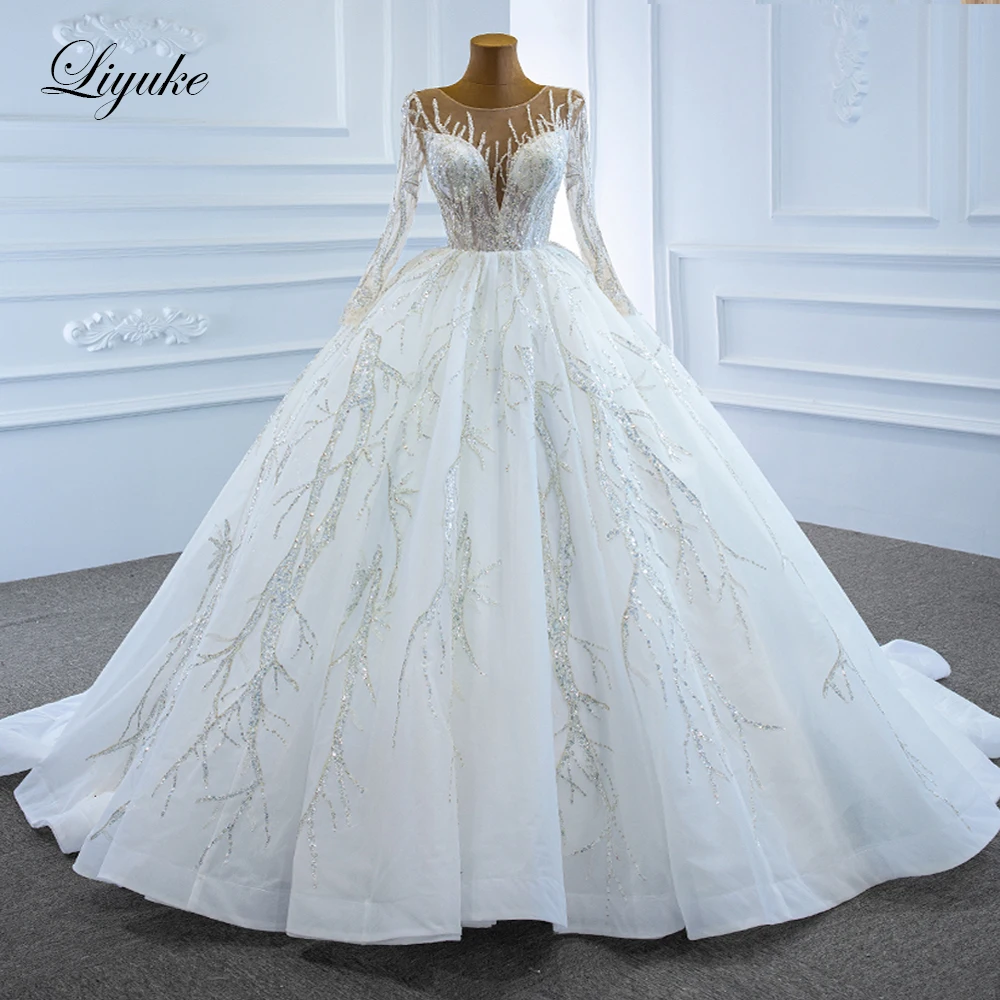 affordable wedding dresses Liyuke SKin Nude Tulle Of V Neckline Ball Gown Wedding Dress With Sparkle Lace vestido de noiva Court Train off the shoulder wedding dress Wedding Dresses