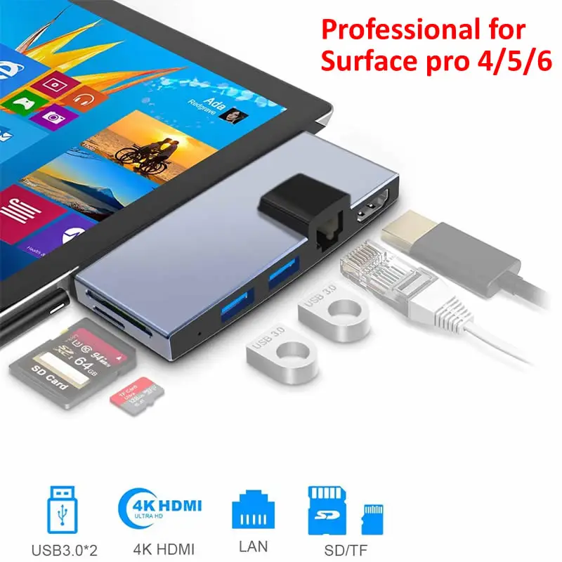 Hub Usb 3.0 4K Splitter Usb Compatibile Hdmi 3.0 100Mbps Lettore Di Schede Adattatore Ethernet Scheda Sd/Tf Per Microsoft Surface Pro 5/6