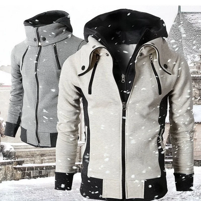 

2021 Zipper Men Jackets Autumn Winter Casual Fleece Coats Bomber Jacket Scarf Collar Fashion Hooded Male Outwear Slim Fit Hoody