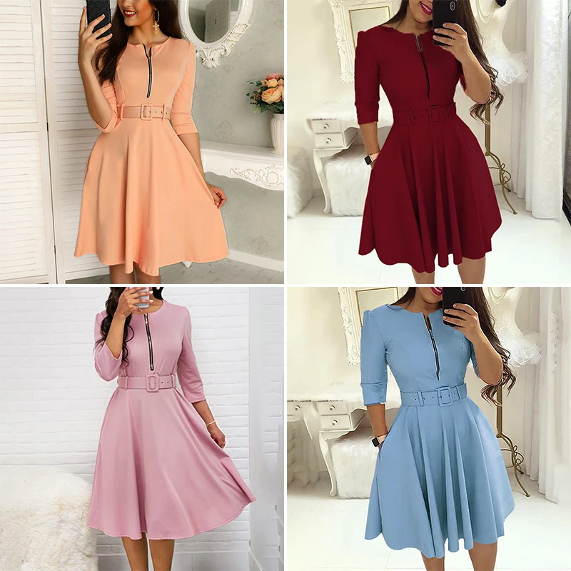 Women Vintage Dress Ladies Party Knee Length Fashion A Line Plus Size Half Sleeve V Neck Solid Swing Dress Office Work Wear