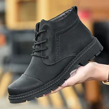 Черные Теплые Мужские зимние ботинки Ботильоны из натуральной кожи Для мужчин зимняя Рабочая обувь; Военная женская обувь; зимние ботинки на меху для мужские кроссовки 9908* D18908