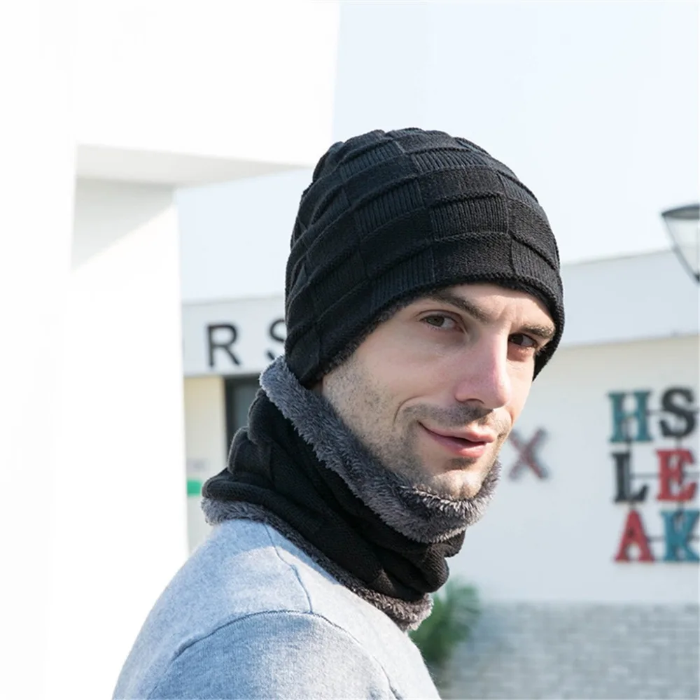 Beanies, зимняя шапка, мужская шапка, зимняя шапка, одноцветная шапка с воротником, набор, плюс бархат, толстая вязаная шапка и глушитель, шапка бини, Muts#2O21