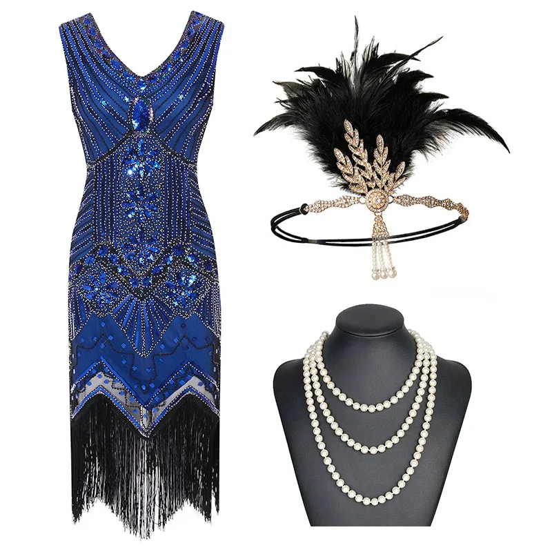 Blue Set Винтажное платье размера плюс S1920s Gastby с блестками и сеткой в стиле модерн, украшенное бахромой, черный/зеленый/белый/золотой - Цвет: Blue Set
