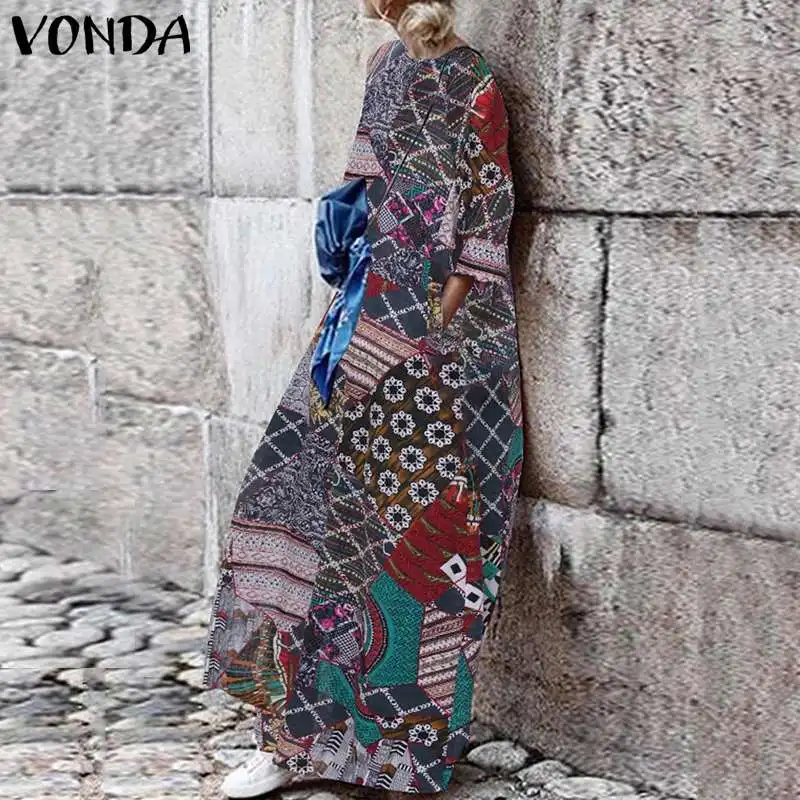 VONDA, винтажное платье макси с принтом, повседневное, с длинным рукавом, с круглым вырезом, для вечеринки, богемное платье с оборками, Vestidos размера плюс