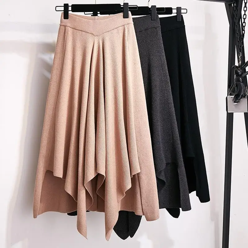 Весна-Осень, юбки женские, вязанные, шерсть, асимметричная, длинная юбка, высокая талия, эластичная, пэчворк, трапециевидная юбка