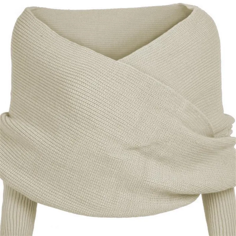 Модный женский свитер с открытыми плечами, укороченный вязаный свитер, женская зимняя шаль, высококачественный шерстяной шарф с рукавом, шарфы - Цвет: Бежевый