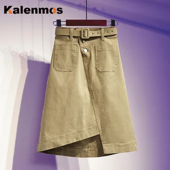 

KALENMOS Plus Size Women Denim Skirt Asymmetry Pocket Korean High Waist Skirts Summer Loose Mid Long Jeans Skirts with Belt 5XL
