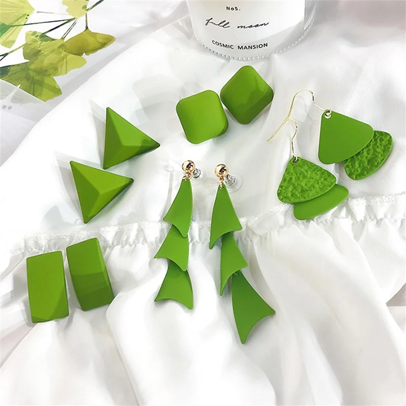 

Fashion Korean Version Of The Summer New Small Fresh Geometric Green Earring Holiday Avocado Green Matte Texture Earrings Female