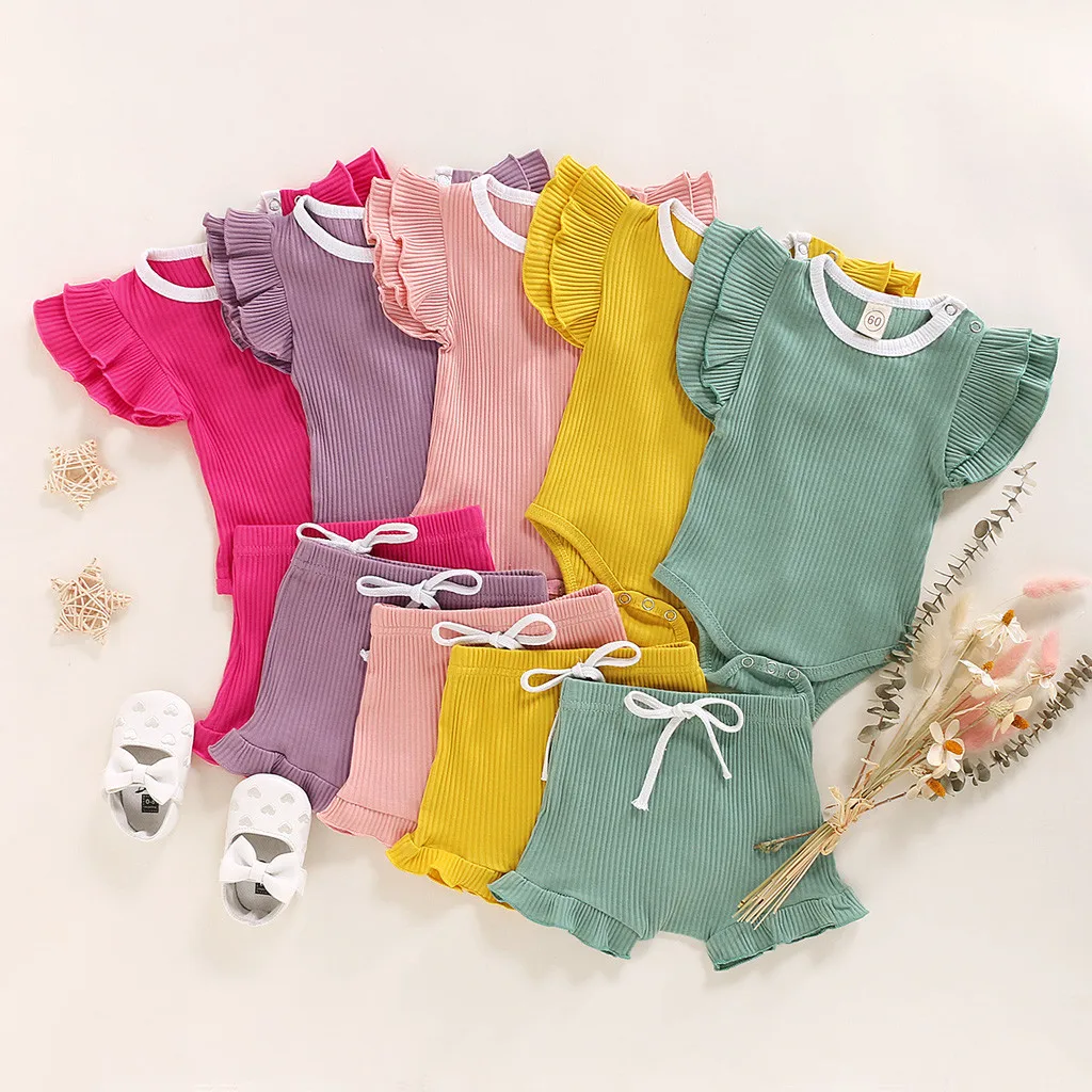 

Newborn baby girl clothes set bebes Baby Girl Infant Ribbed Knitted Ruffles Romper + Shorts Outfits Set summer   Z4