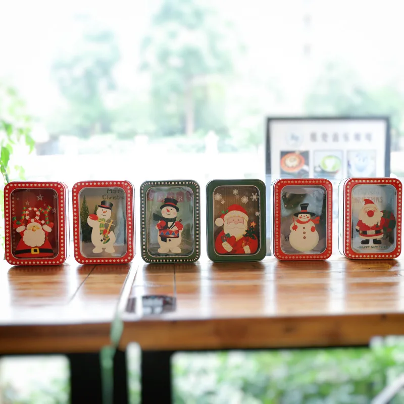 

Cute Rectangle Christmas Gift Boxes Festival Decorations Candy Tin Box Santa Snowman Packaging Open Window Cookie Packing Case