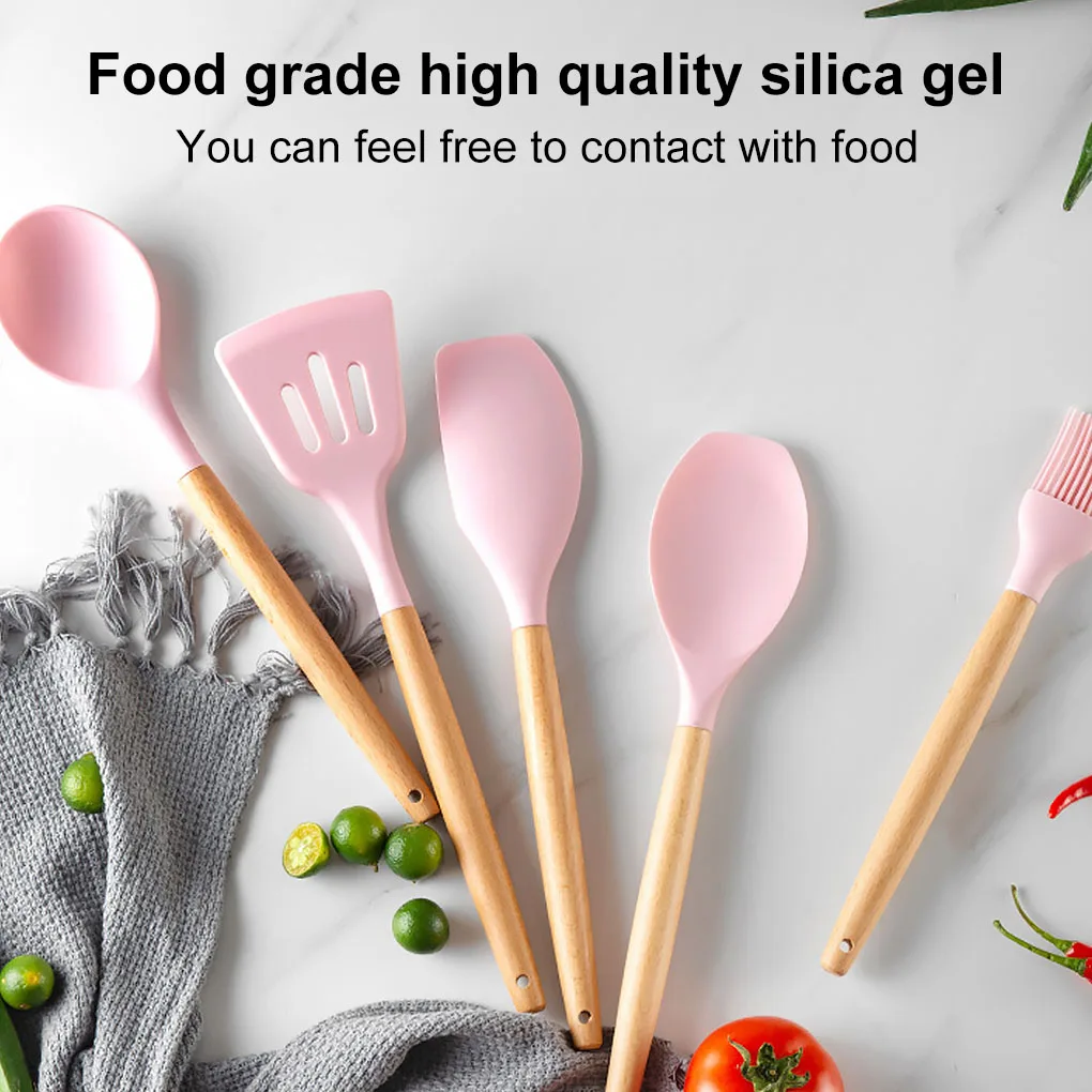 

Wooden Handle Silicone Cooking Utensils Kitchen Utensil Set Non-stick Spatula Scraper Soup Spoon Brush Egg Beater Kitchen Tools