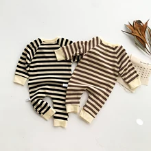

Baby Boy Girl Romper Newborn Stripe Print Ribbed Round Neck Jumpsuit Fall Elastic Snap Button Crotch Bodysuit