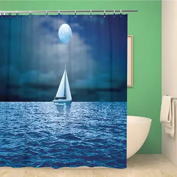

Bathroom Shower Curtain Sailboat Sail on Blue Sea Ocean Horizon Sailing Night Polyester Fabric 60x72 inches Waterproof Bath