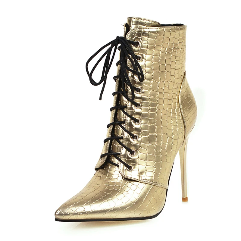 ANMAIRON/серебристые женские ботильоны на очень высоком тонком каблуке с острым носком; клетчатая обувь из искусственной кожи на молнии женские ботинки золотистого цвета с перекрестной шнуровкой