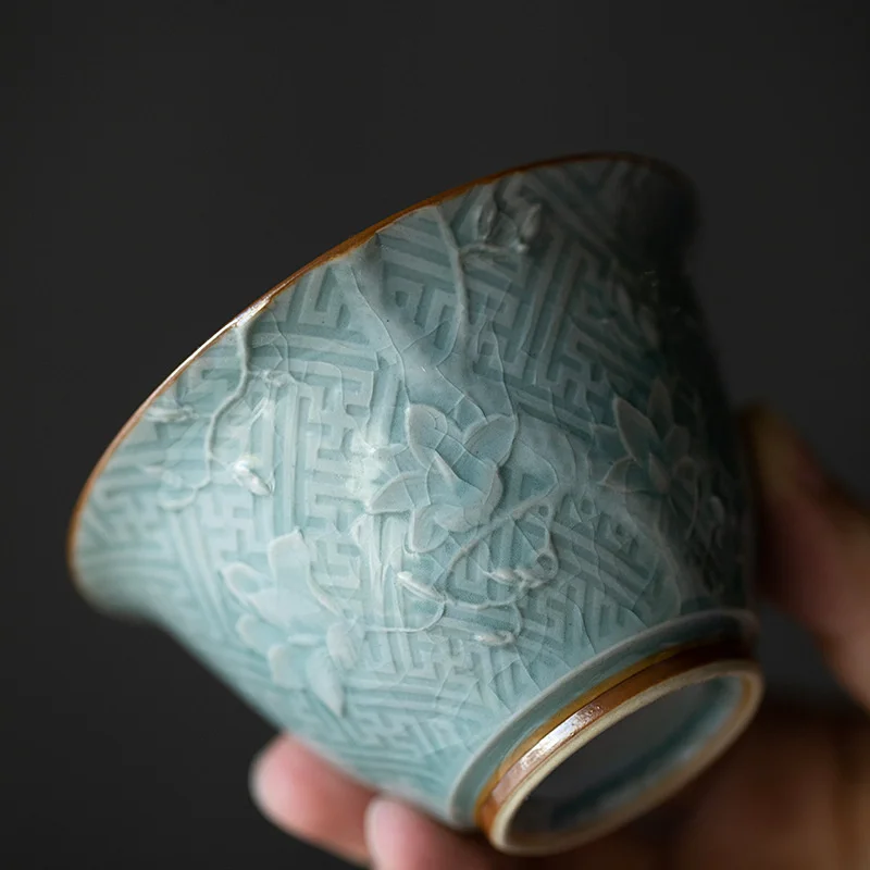 Retro Ge Kiln Ceramic Tea Tureen 110ml Handmade Relief Flower Art Gracked Glaze Tea Maker Gaiwan Household Kung Fu Ceremony