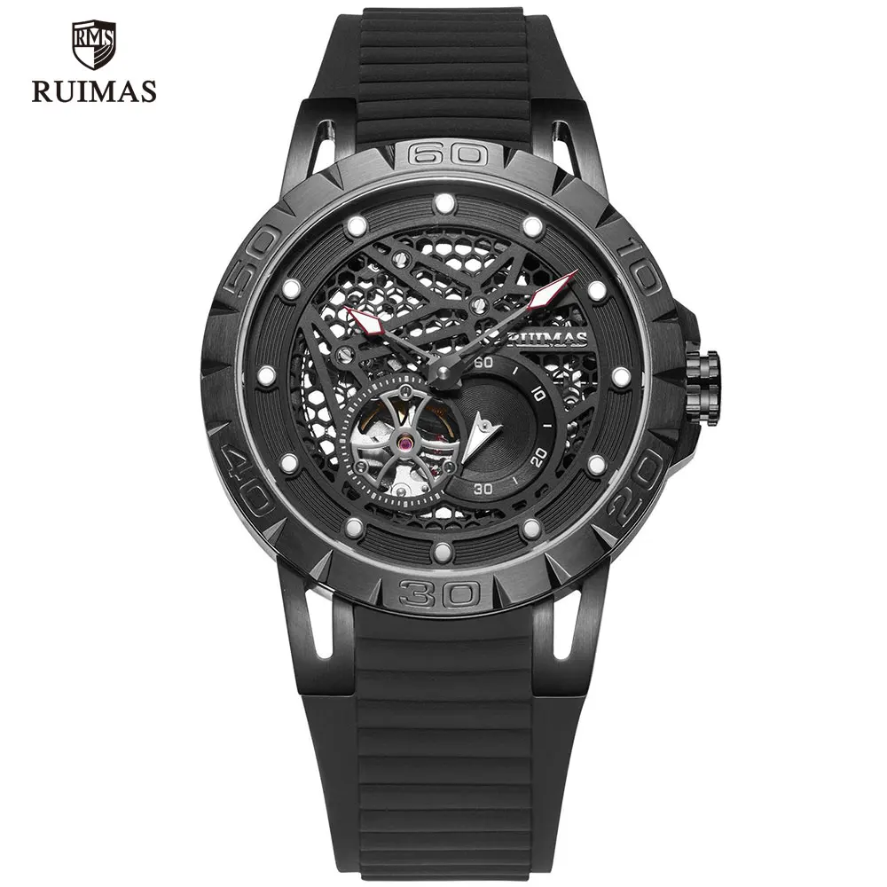 RUIMAS Роскошные Кварцевые часы со скелетом мужские силиконовый ремешок Военные Спортивные наручные часы мужские водонепроницаемые часы мужские часы Relogios Masculino 6772 - Цвет: RN6772G-Black
