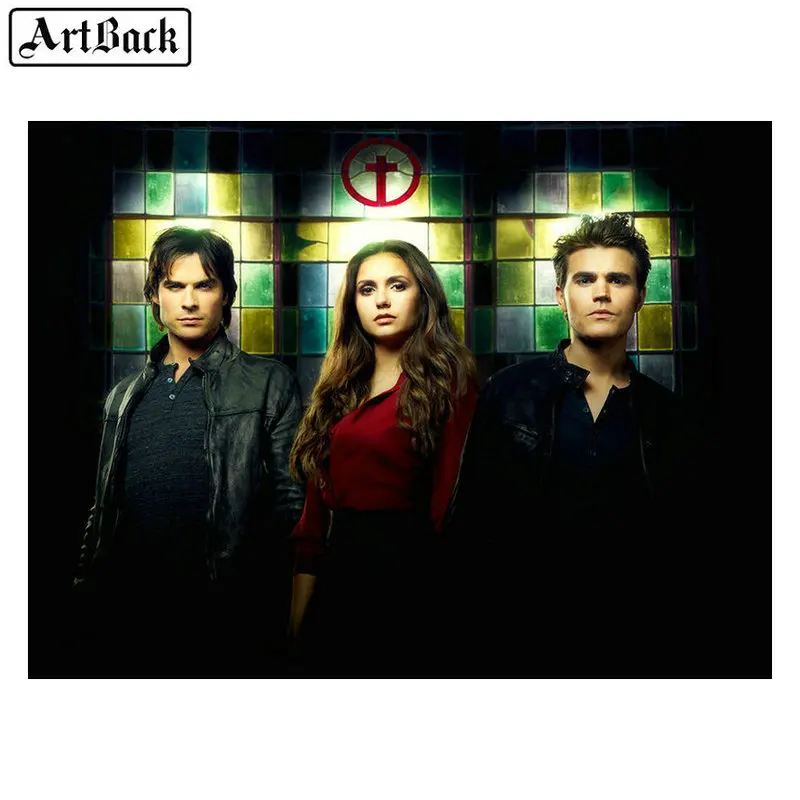 

50x65cm Diamond Painting The Vampire Diaries Full Square Damon Stefan Elena 5d round Diamond Art Zombie Cross Embroidery Crafts
